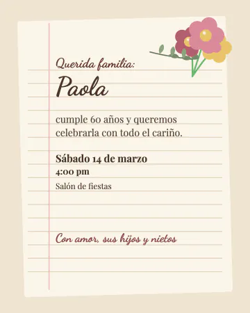Carta para la abuela. Como una carta escrita a mano en papel de rayas, con flores secas.