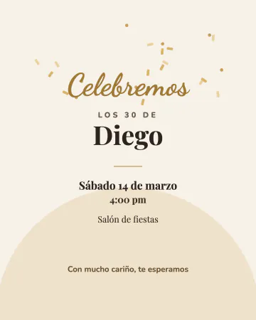 Brindis de cumpleaños. Crema y dorado con confeti y la palabra Celebremos en manuscrita.