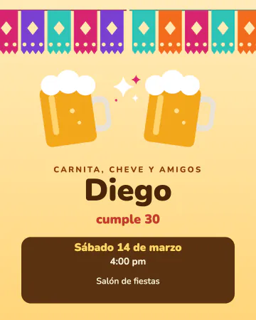 Carnita y cheve. Tarros de cheve, papel picado y fondo amarillo: para la carne asada con los amigos.
