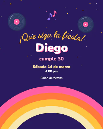 Noche disco. Arcos groovy de los setenta, discos de acetato y el título en curva.