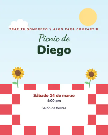 Picnic en el parque. Mantel de cuadros rojo, girasoles y cielo azul.