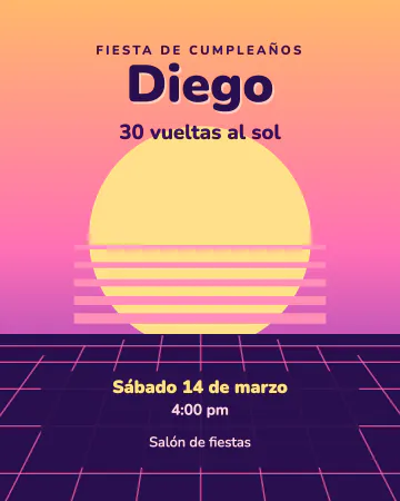 Atardecer retro. Sol rayado de los ochenta y piso de cuadrícula en perspectiva.