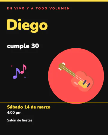 En vivo. Cartel de concierto con el nombre en letras enormes y un rockero con guitarra.