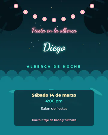 Alberca de noche. La alberca iluminada de noche, hojas tropicales y faroles.
