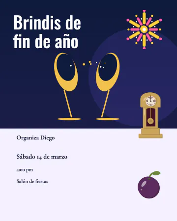 Brindis de fin de año. Dos copas que brindan entre fuegos artificiales, un reloj de medianoche y uvas, sobre azul de noche.