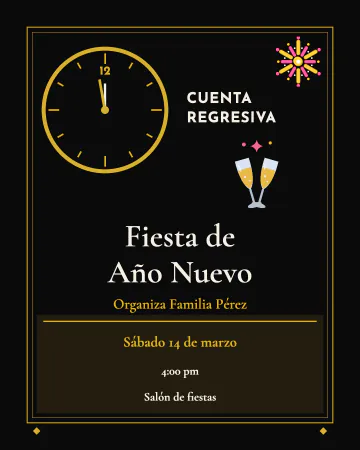 Cuenta regresiva. Un reloj dorado a punto de dar las doce, con copas y fuegos artificiales, en negro y oro.