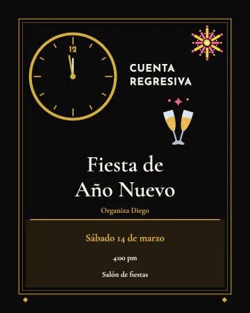 Cuenta regresiva. Un reloj dorado a punto de dar las doce, con copas brindando y fuegos artificiales, en negro y oro.