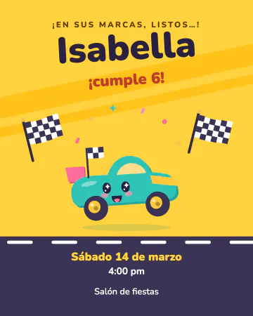 A toda velocidad. Autos de carreras con banderas de cuadros y la fecha sobre la pista.