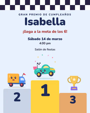 Gran premio. Podio de ganadores con el 1, bandera de cuadros y autos festejando.