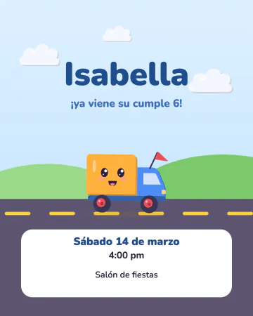 Ruta de cumpleaños. Un camioncito en la carretera entre colinas y nubes.