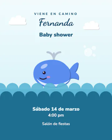 Pequeña ballena. Una ballenita en el mar con olas y burbujas en azul y aqua.