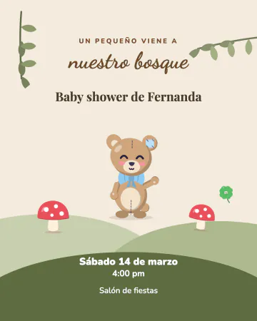 Bosque tranquilo. Colinas verdes, hongos, tréboles y un osito en tonos tierra.