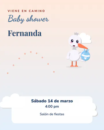 Encargo de la cigüeña. La cigüeña vuela entre nubes siguiendo una estela de puntitos.