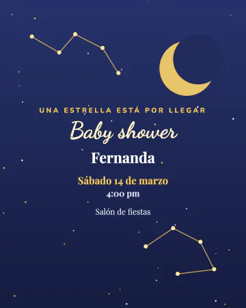Constelaciones. Azul noche con estrellas unidas como constelaciones y una luna dorada.