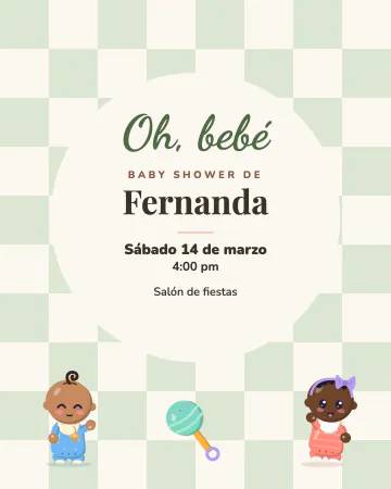 Oh, bebé. Cuadritos verde salvia y un gran círculo con Oh, bebé.