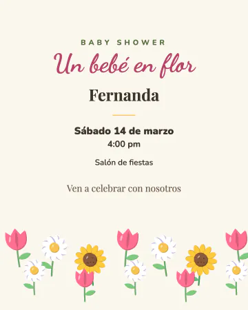 Un bebé en flor. Un prado de flores silvestres al pie de la invitación, en crema y tonos suaves.