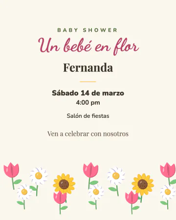 Un bebé en flor. Tulipanes, margaritas y girasoles al pie de la invitación.
