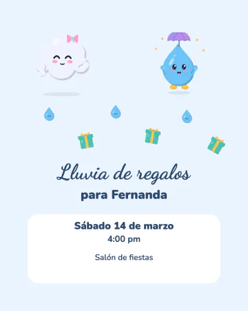Lluvia de regalos. Nubecitas que dejan caer gotas y regalitos sobre azul cielo.
