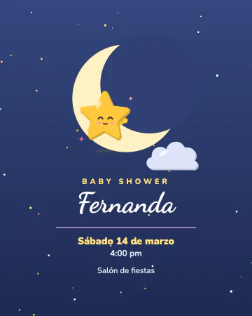 Luna y estrellas. Luna creciente, estrellas y una estrellita dormida sobre azul noche.