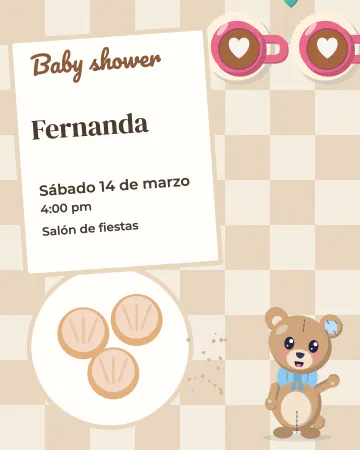 Cafecito y conchas. Tu baby shower como merienda: mesa vista desde arriba, café, pan dulce y los datos en la servilleta.