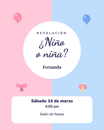 ¿Niño o niña?. Mitad rosa y mitad azul, con la gran pregunta al centro.