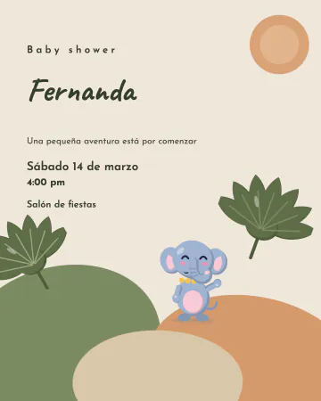 Safari de formas. Formas de colores tierra, una hoja grande y un elefantito.