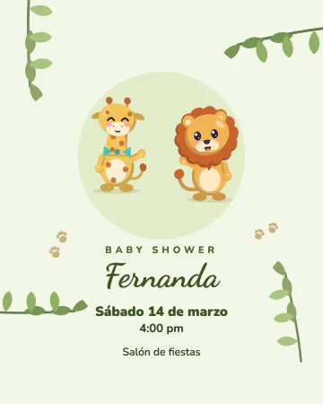 Safari bebé. Una jirafa y un león bebés entre hojas.