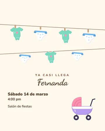 Tendedero de bebé. Un tendedero con ropita de bebé colgada y una carriola abajo.