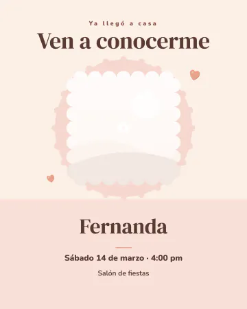 Ven a conocerme. La foto del bebé en un círculo para invitar a la familia a conocerlo.