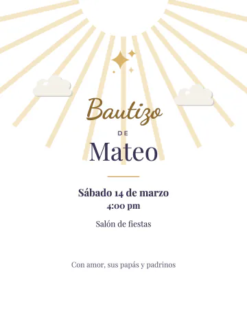 Bendición dorada. Rayos dorados desde arriba y Bautizo en letra manuscrita.