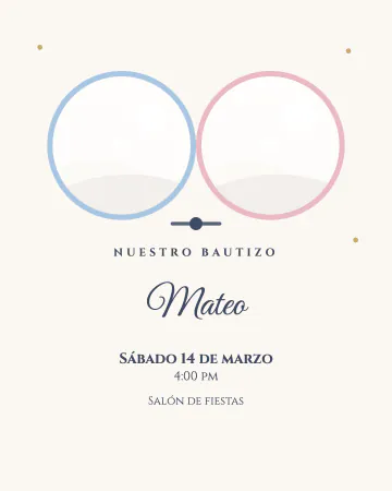 Bautizo de gemelos. Dos fotos en círculo, una al lado de la otra, para el bautizo de gemelos o cuates.