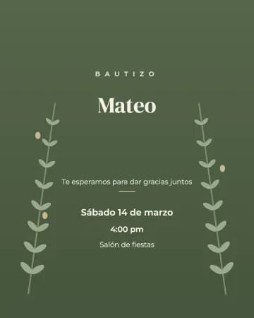 Salvia y olivo. Verde olivo profundo con ramitas claras y letras crema, sin rosa ni azul.
