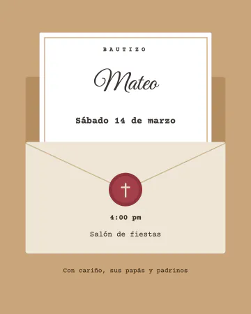 Sobre con sello. Un sobre abierto con su sello de cera y la tarjeta asomando.