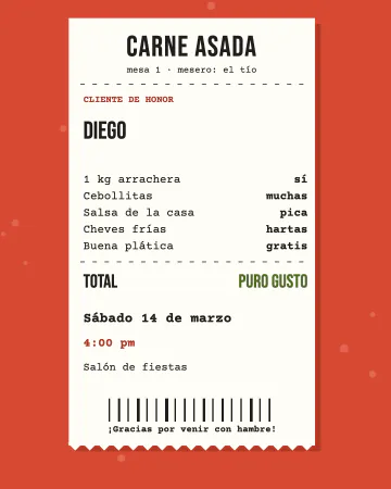 Cuenta de la carnita. Un recibo con tu pedido de carne asada, salsa y buena compañía.