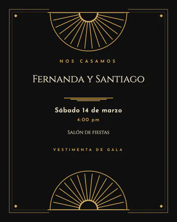 Abanicos art déco. Negro con dorado, abanicos y líneas rectas como en los años veinte.