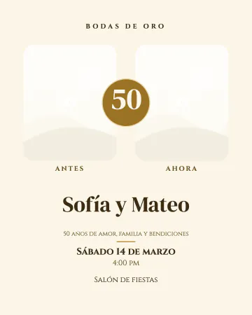 50 años de oro. Una foto de su boda y una de hoy, con un 50 dorado en medio.