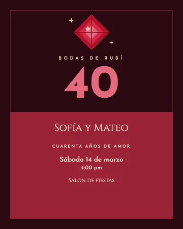 40 años de rubí. Un rubí brillante sobre fondo oscuro para festejar sus 40 años de casados.