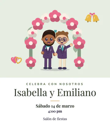 Arco de flores. Dos novios bajo un arco de flores, ilustración arriba y texto abajo en verde salvia.