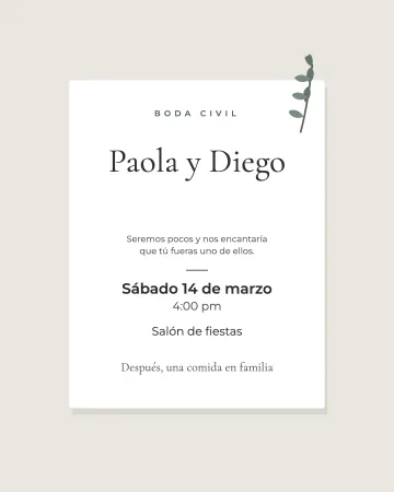 Civil e íntima. Una tarjeta sencilla para boda civil con pocos invitados.