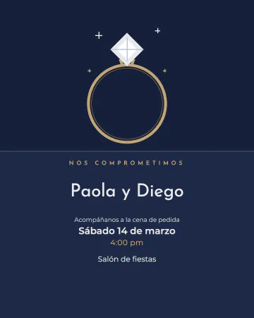 Anillo de compromiso. Un anillo con diamante dibujado en línea fina sobre azul noche.
