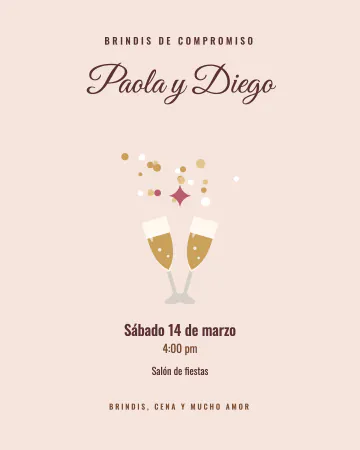 Brindis de compromiso. Copas brindando con burbujitas doradas para celebrar el compromiso con amigos y familia.