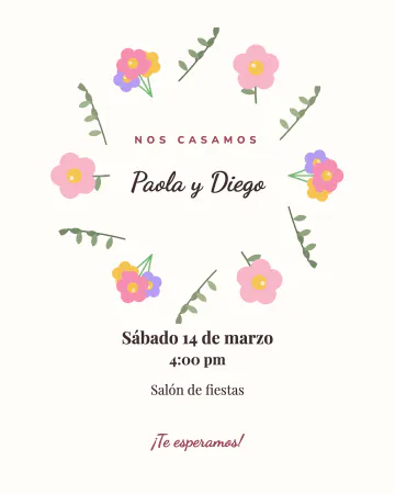 Corona de flores. Un círculo de flores y hojas rodea los nombres.