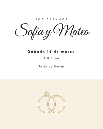 Anillos de oro. Blanco minimalista con dos anillos dorados dibujados con una línea fina sobre los nombres.