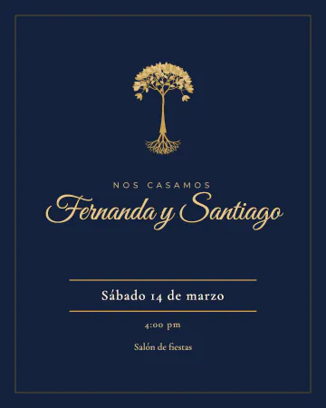 Árbol de la vida. Azul marino con un árbol de la vida dorado arriba, con sus raíces, y los nombres y datos centrados abajo.