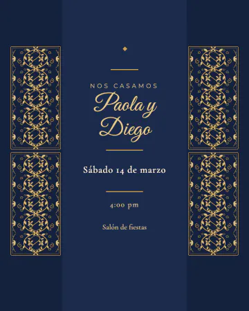 Calado de oro. Dos paneles de encaje dorado a los lados y una franja azul marino al centro con sus nombres.