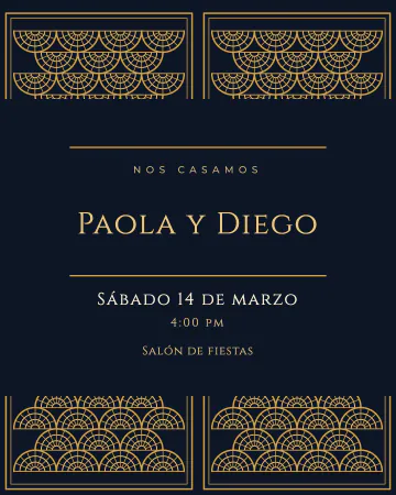 Art déco de medianoche. Azul noche con abanicos dorados arriba y abajo, letras clásicas en mayúsculas y rayas finas.