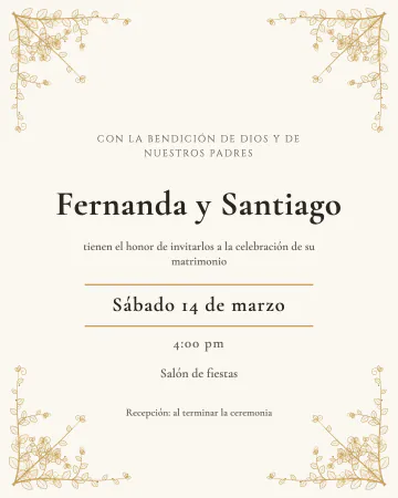 Esquinas grabadas. Marfil con cuatro esquinas doradas como grabado en relieve y el texto formal de una boda en iglesia.