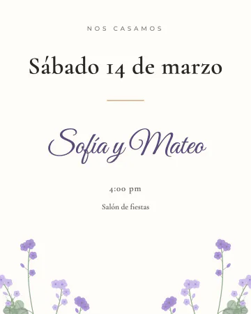 Flores silvestres. La fecha en grande arriba, los nombres en letra de pluma y flores del campo en lavanda abajo.