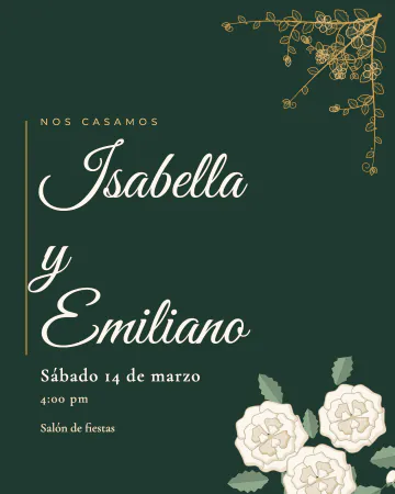 Jardín de noche. Verde bosque profundo con los nombres grandes a la izquierda, esquina dorada y rosas blancas.