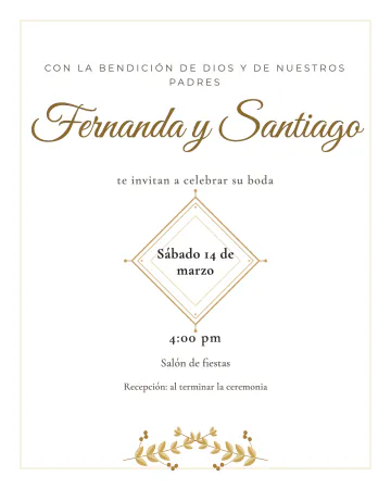 Laurel dorado. Fondo blanco con un par de ramas de laurel dorado cruzadas abajo y la fecha en un rombo.